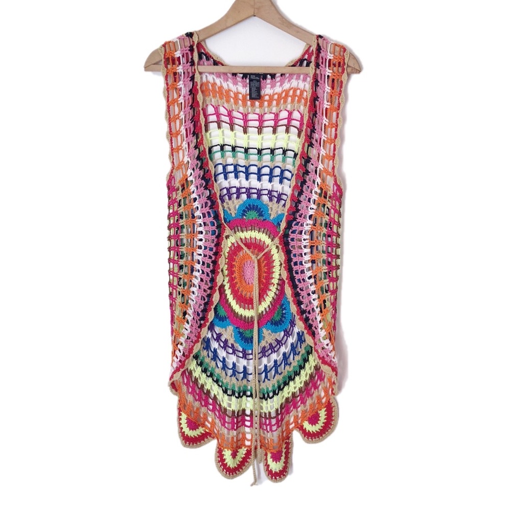 F21 Long Colorful Rainbow 70’s Style Crochet Vest